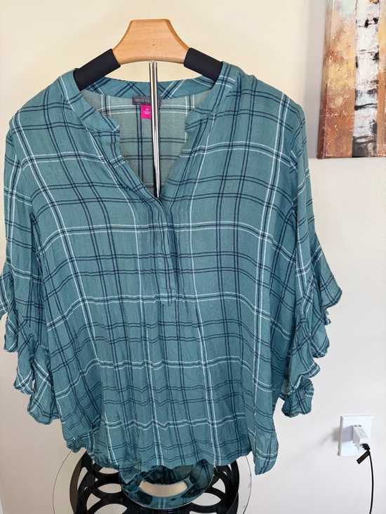 Vince Camuto Tops - Vince Camuto Teal Plaid Ruffle Sleeve Tunic